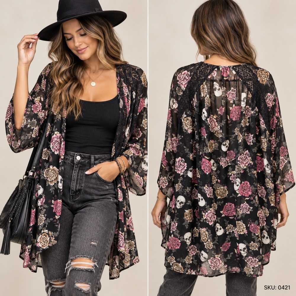 Torrid Floral Skull Lace Trim Sheer Kimono Cardigan Black Pink Size 1/2 0421
